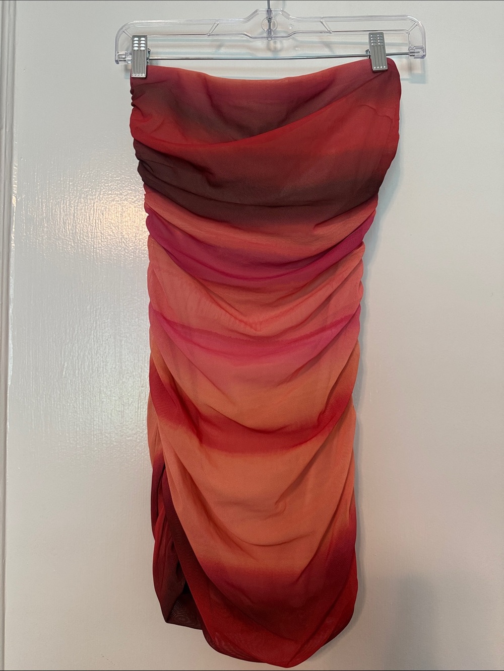 Strapless Ombre Ruched Midi Dress - Red Orange & Pink